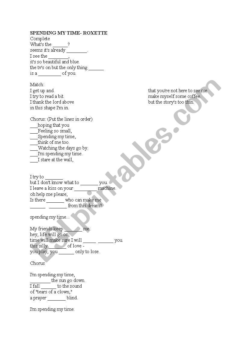 Spending my time roxette worksheet