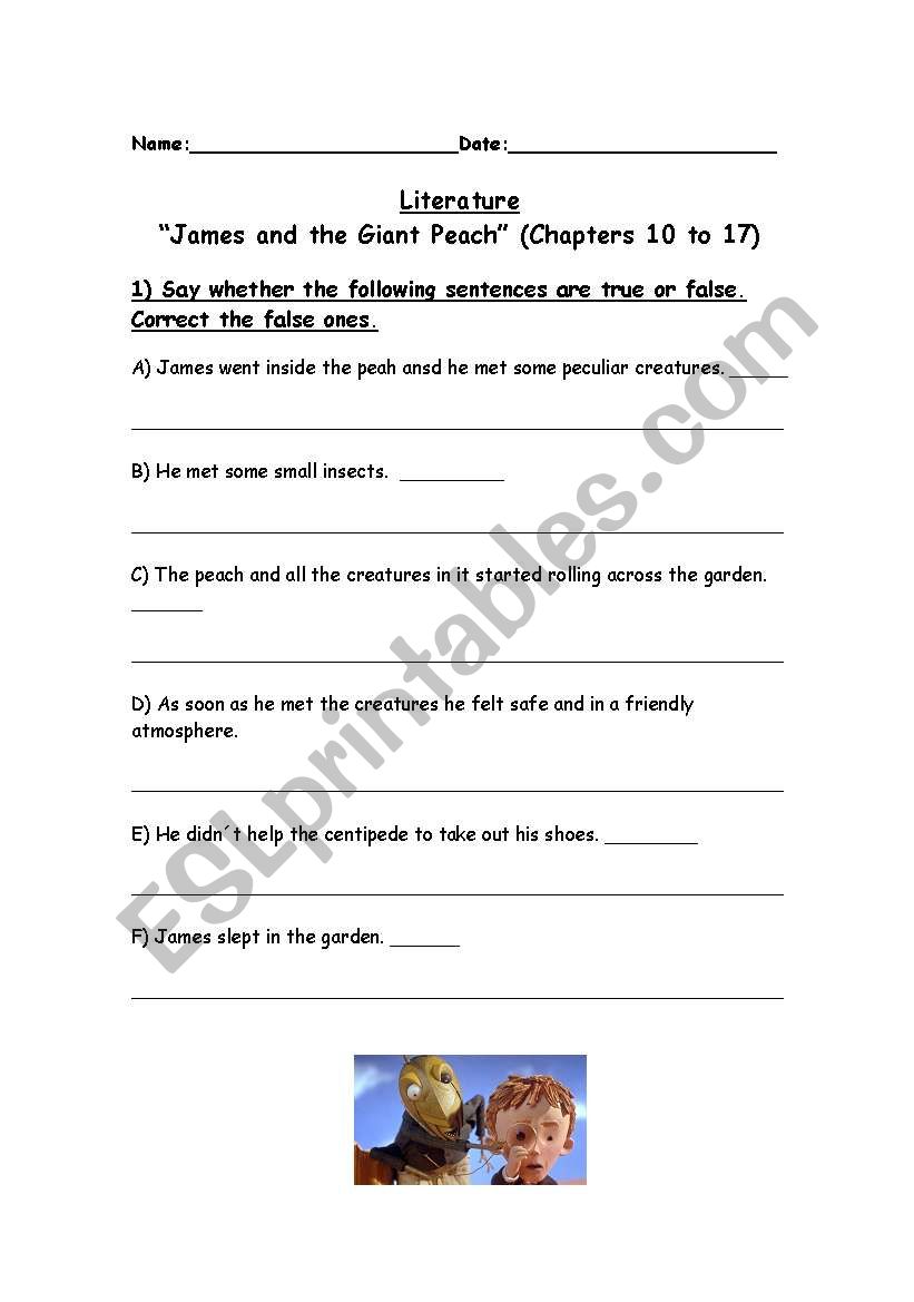 James and the Giant peach worksheet