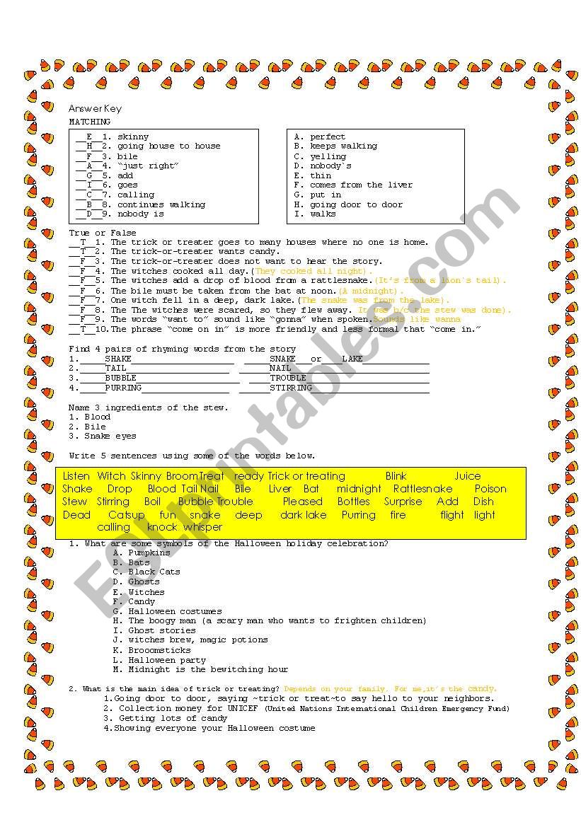 Witchess Brew overhead projector demonstration of poem part 3 Answer key to the witches brew worksheets