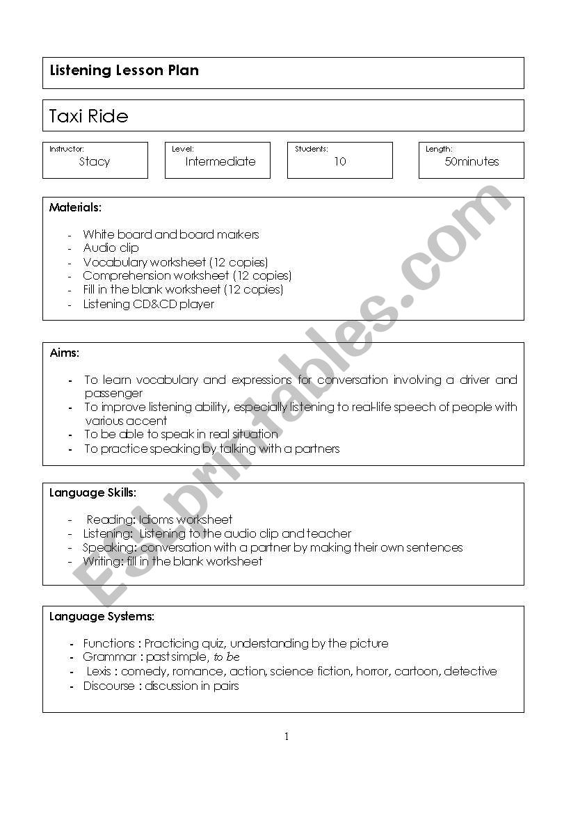 Listening Lesson Plan worksheet