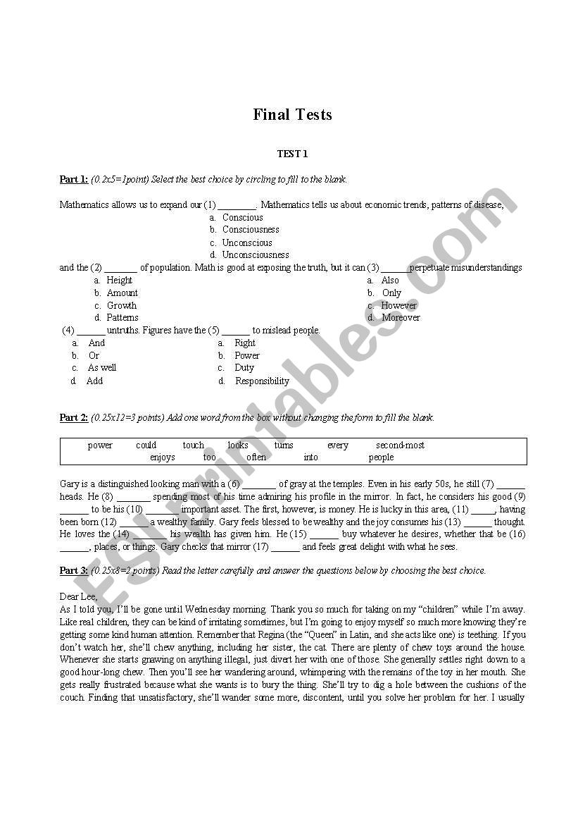 FINAL TESTS worksheet