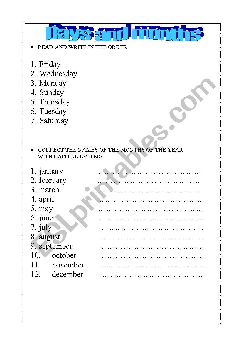 days and months worksheet