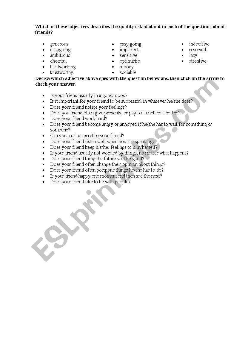 Describing Personality worksheet