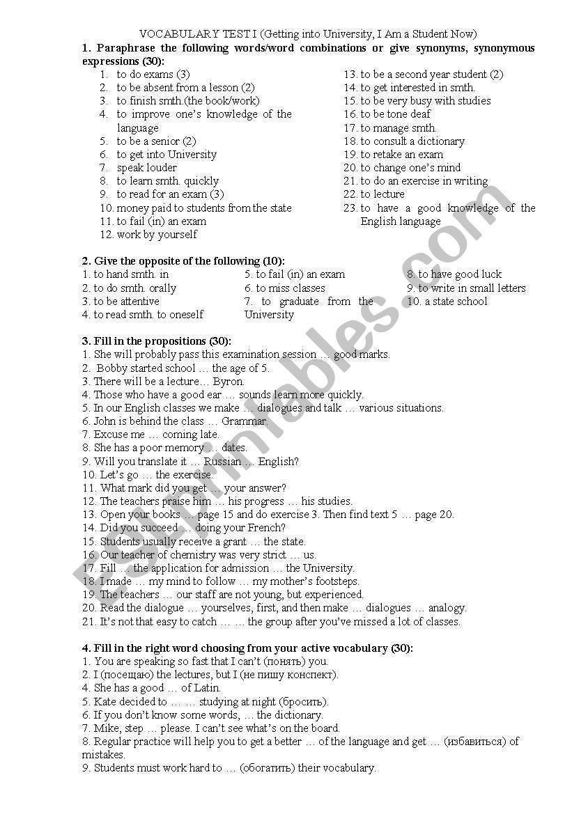 vocabulary test on topic 