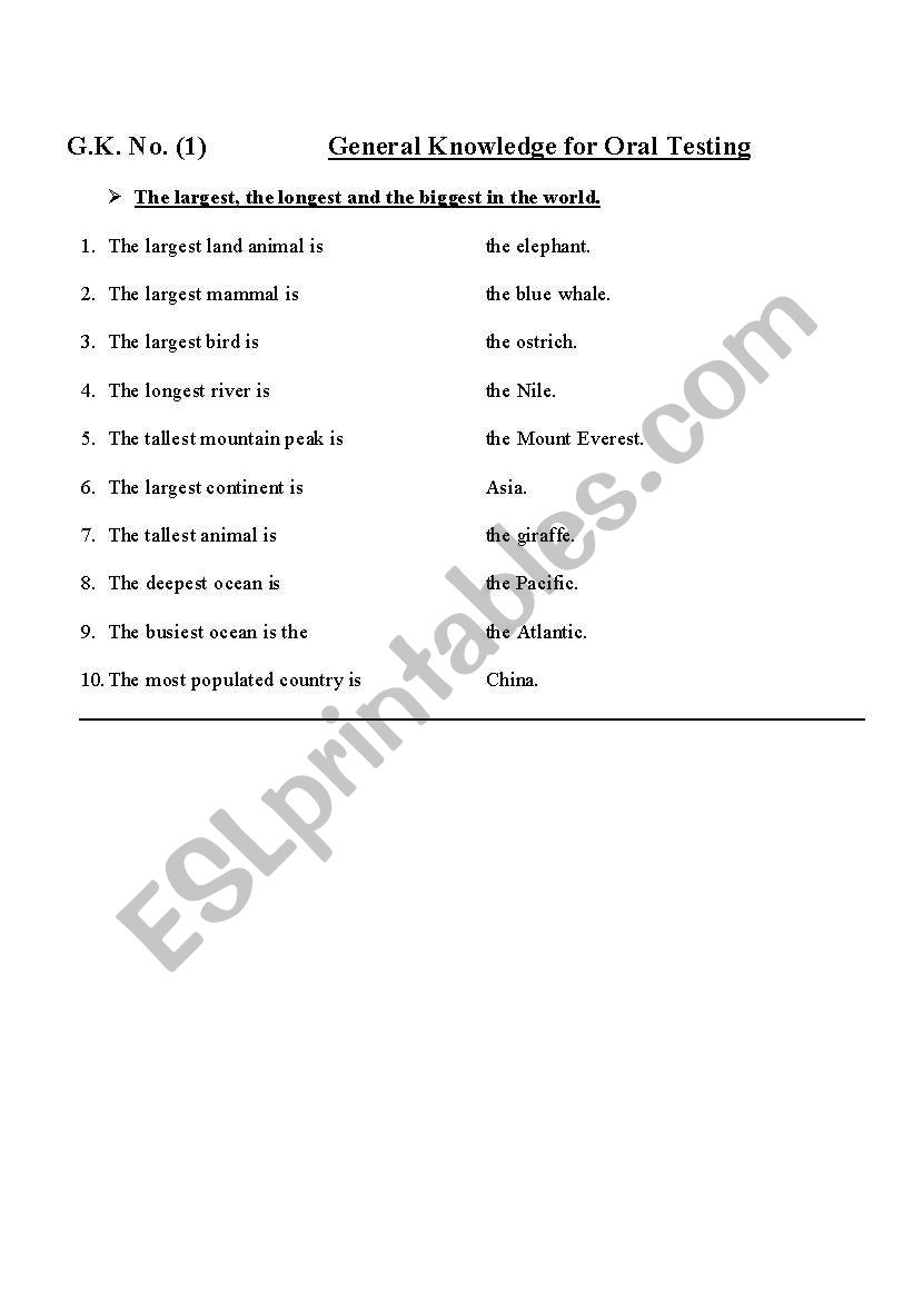 General Knowledge worksheet