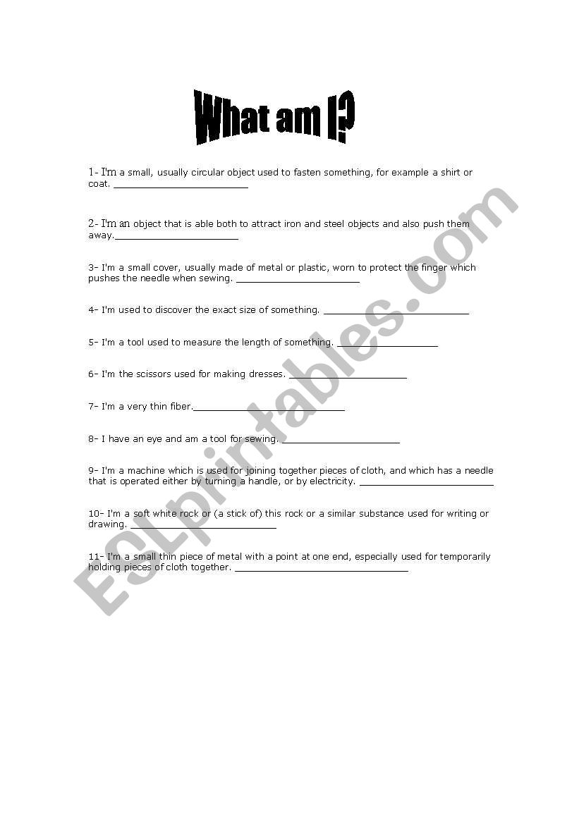 What Am I? worksheet