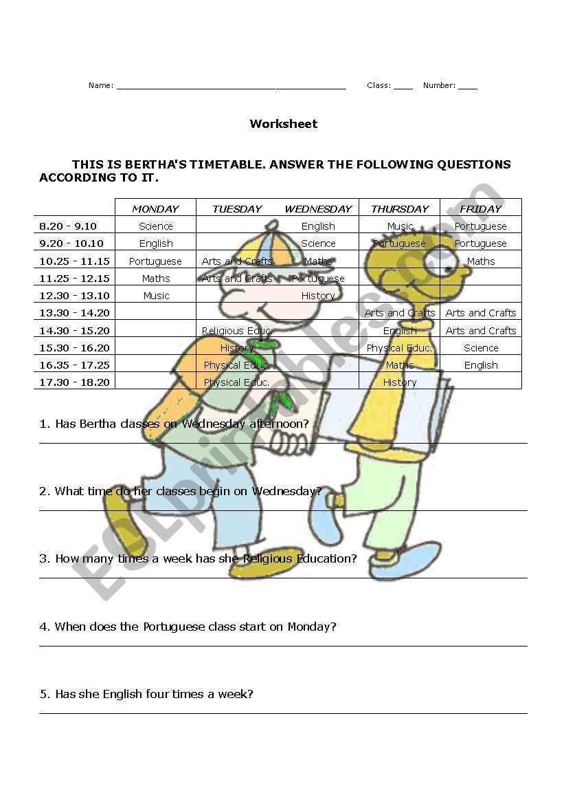 Timetable / school subjects: question / answer exercises