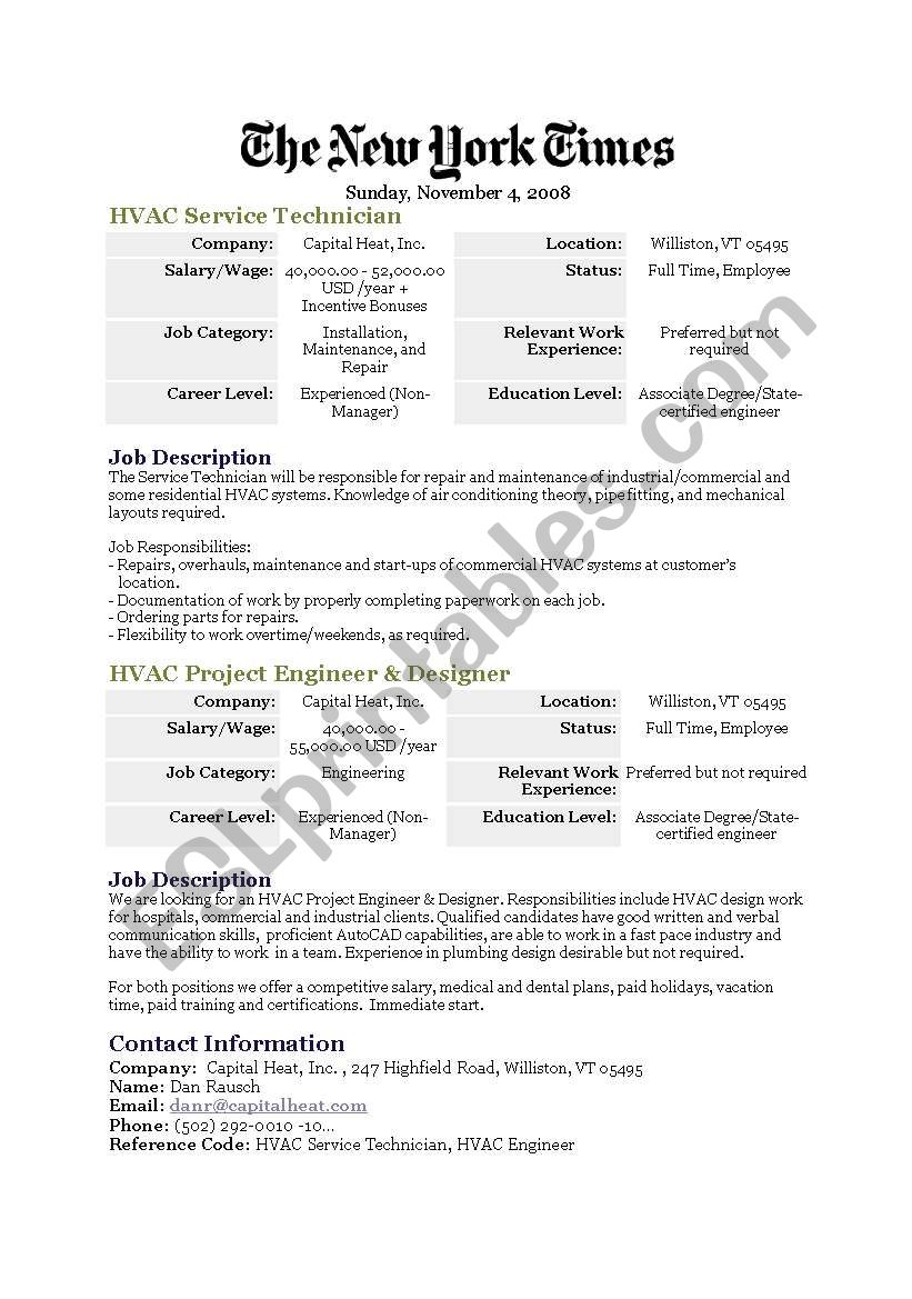 job ads for HVAC technicians worksheet