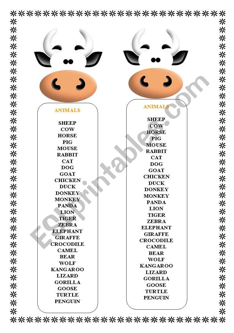 BOOKMARKS -ANIMALS worksheet