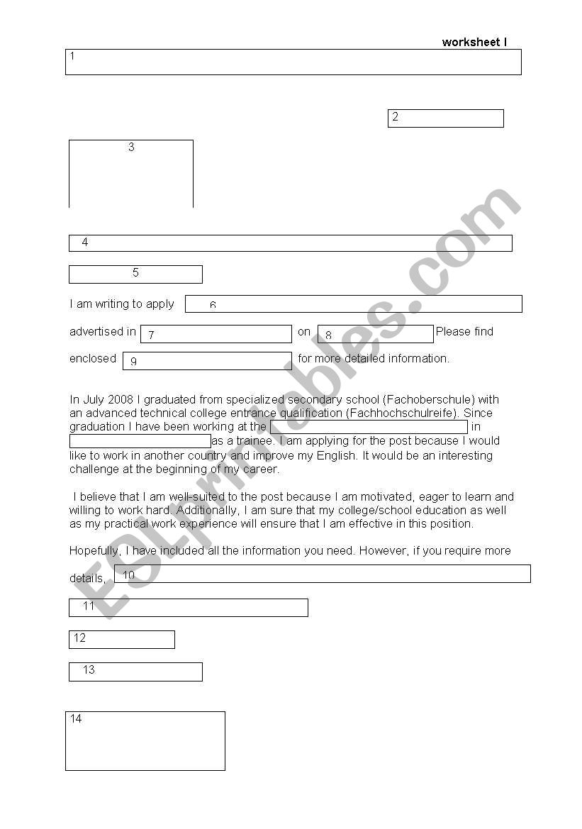 Letter of application worksheet I:  fill in the blank spaces 