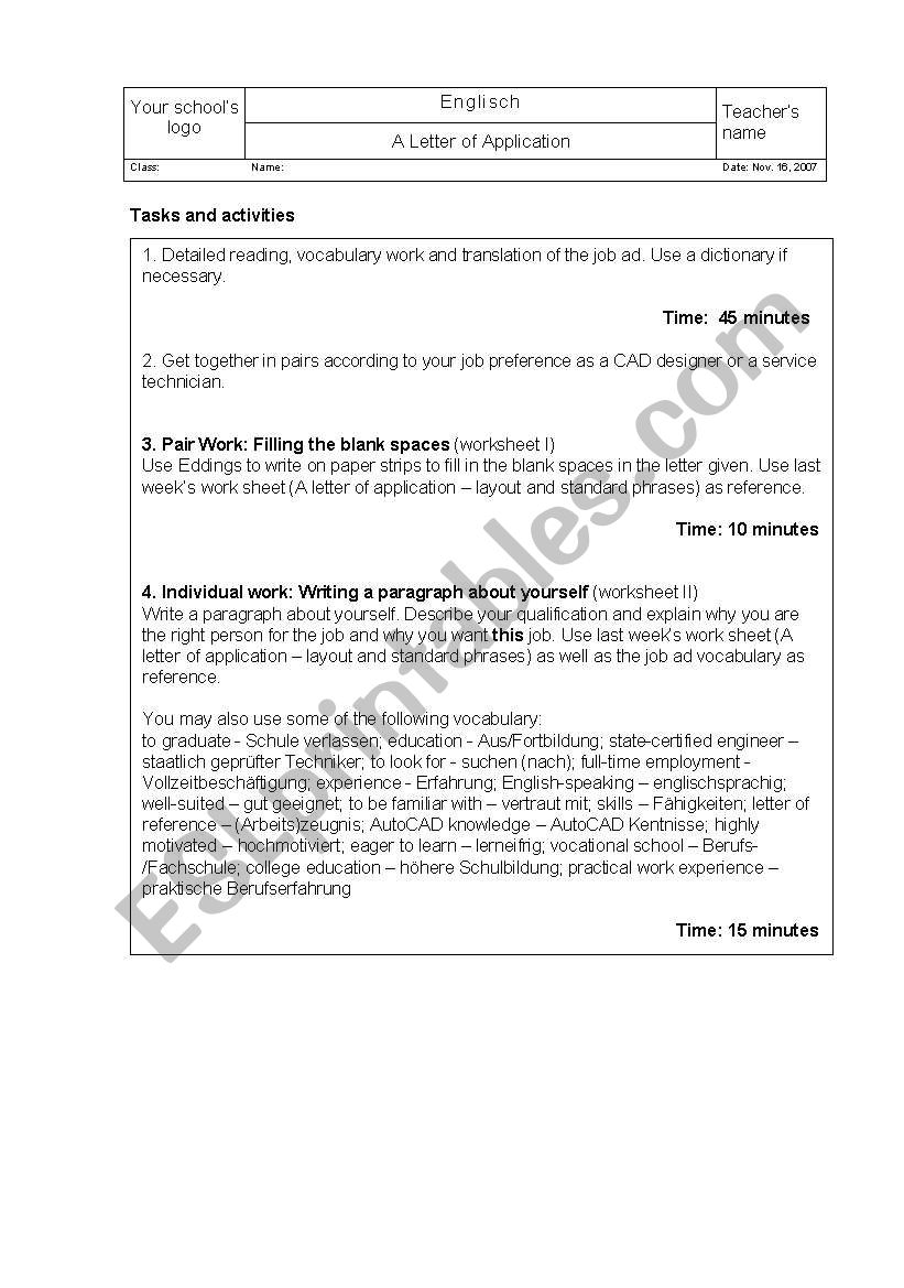 worksheet tasks and activities A Letter of Application