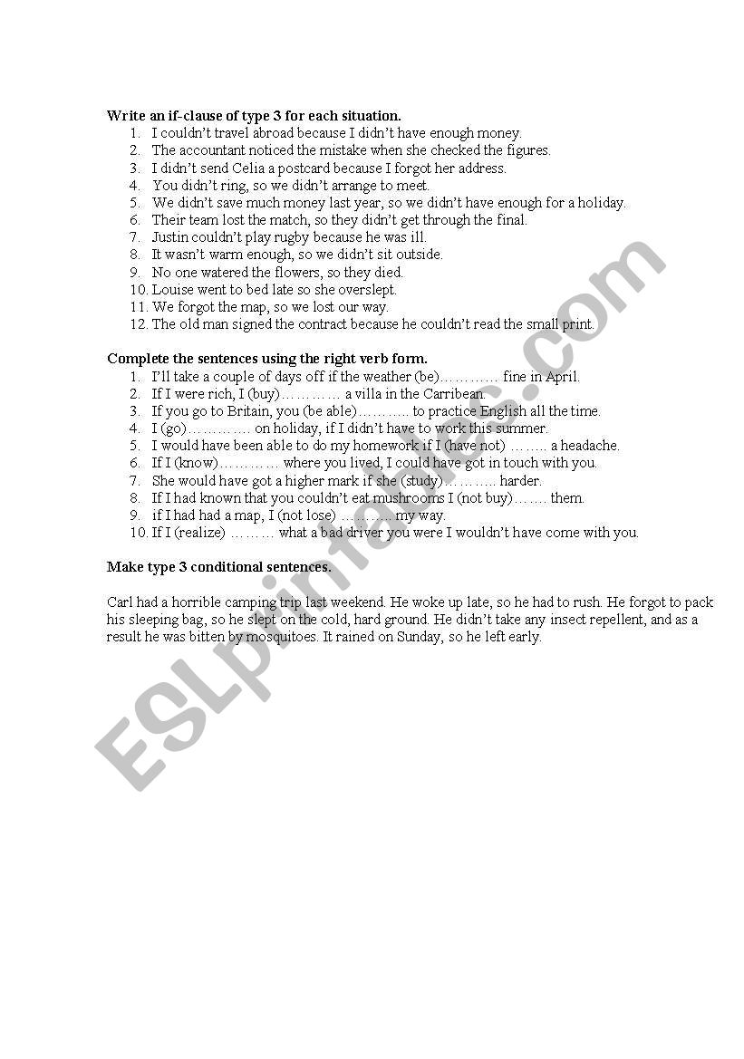 conditionals type 3 worksheet