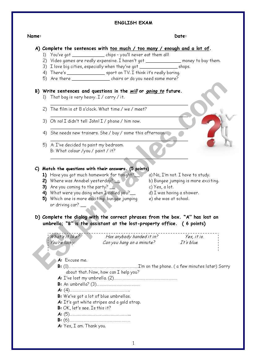 English Exam worksheet