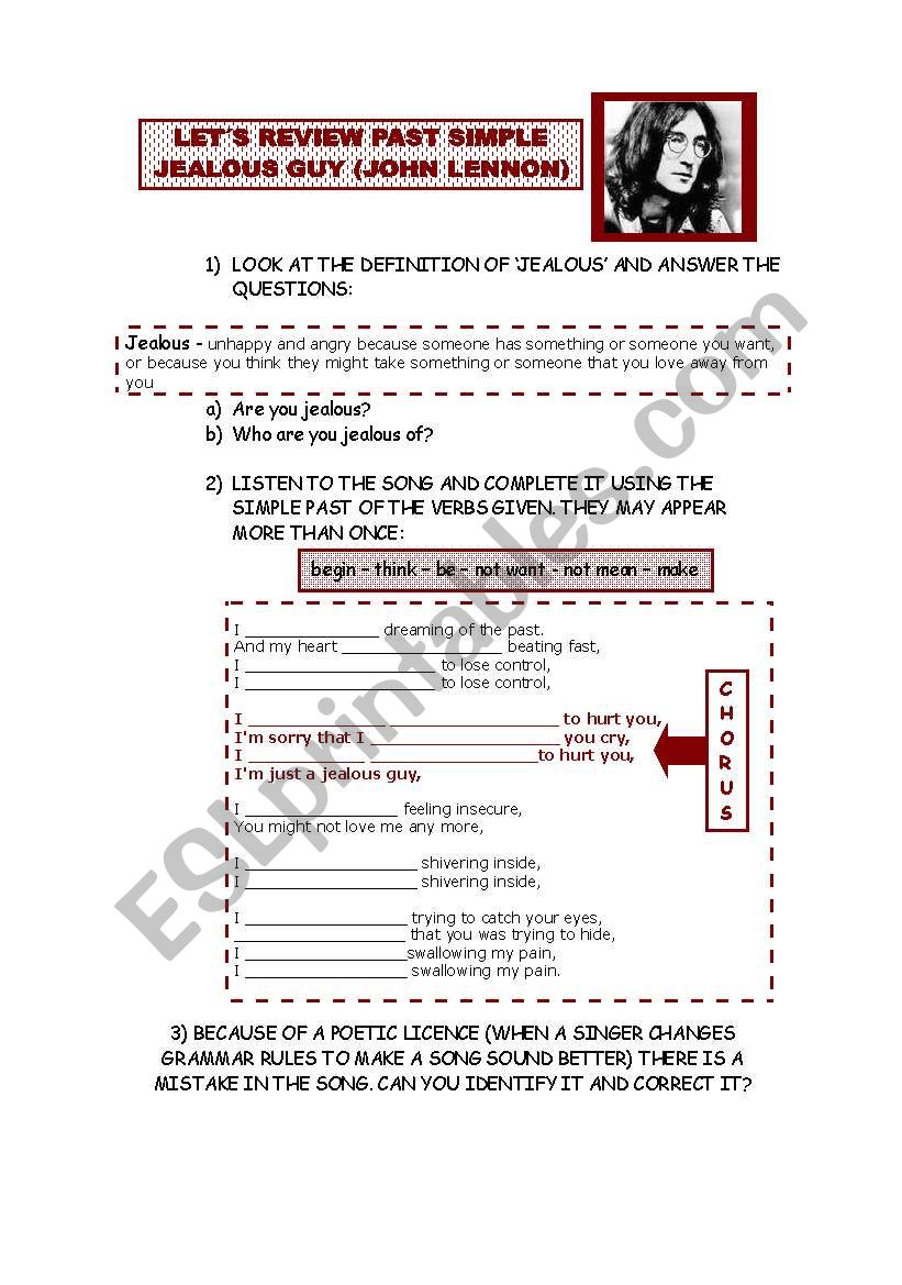 SONG - SIMPLE PAST PRACTICE - JEALOUS GUY (JOHN LENNON) with ANSWER KEY