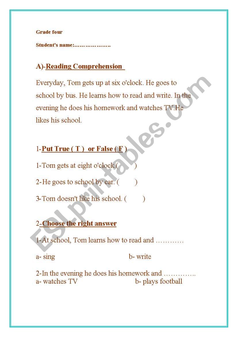 reading comprehension worksheet