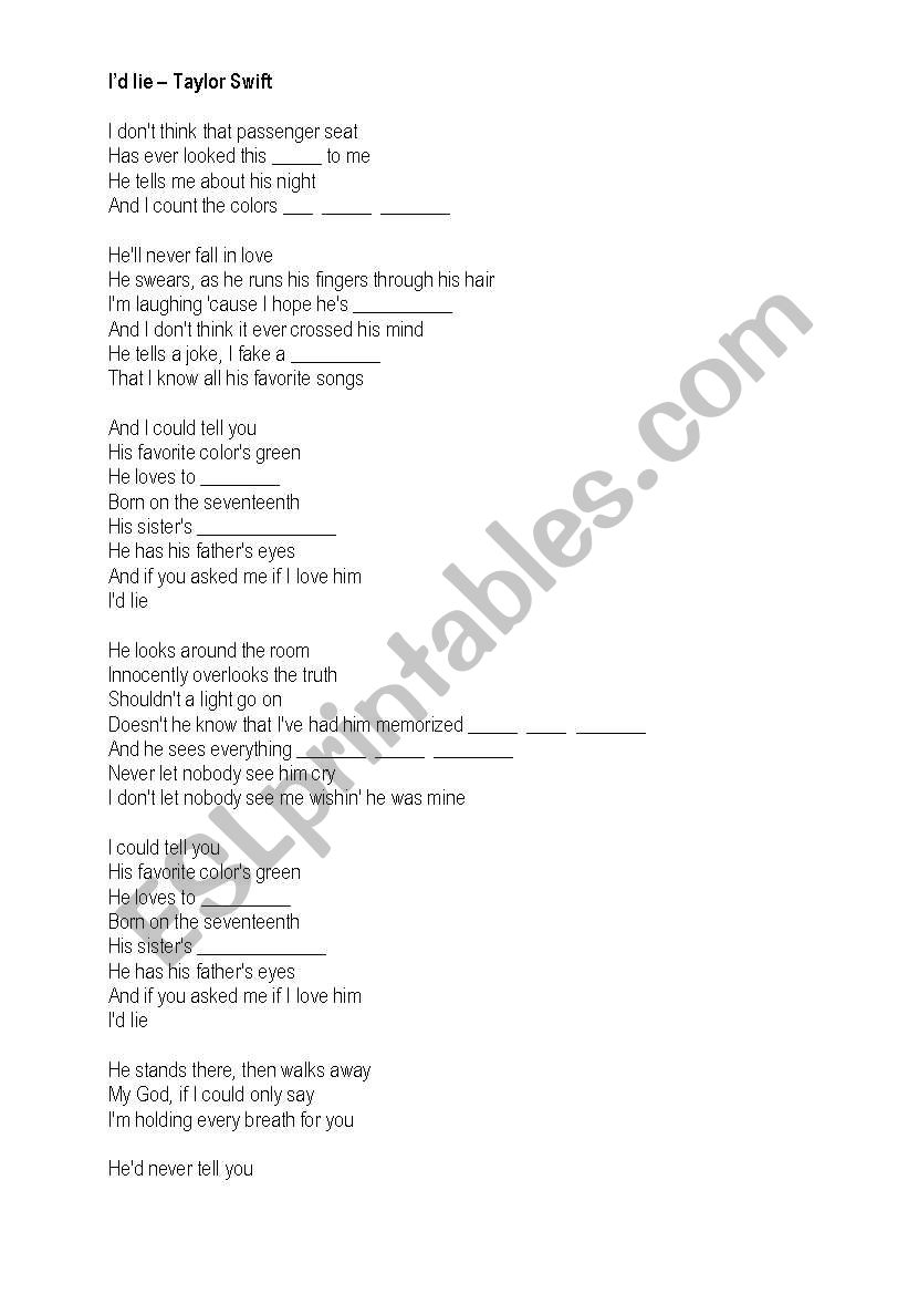 Id lie, song to complete worksheet