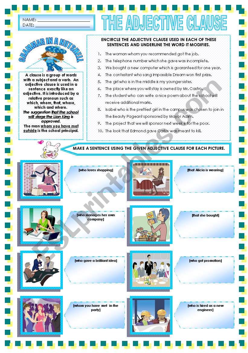 ADJECTIVE CLAUSE worksheet