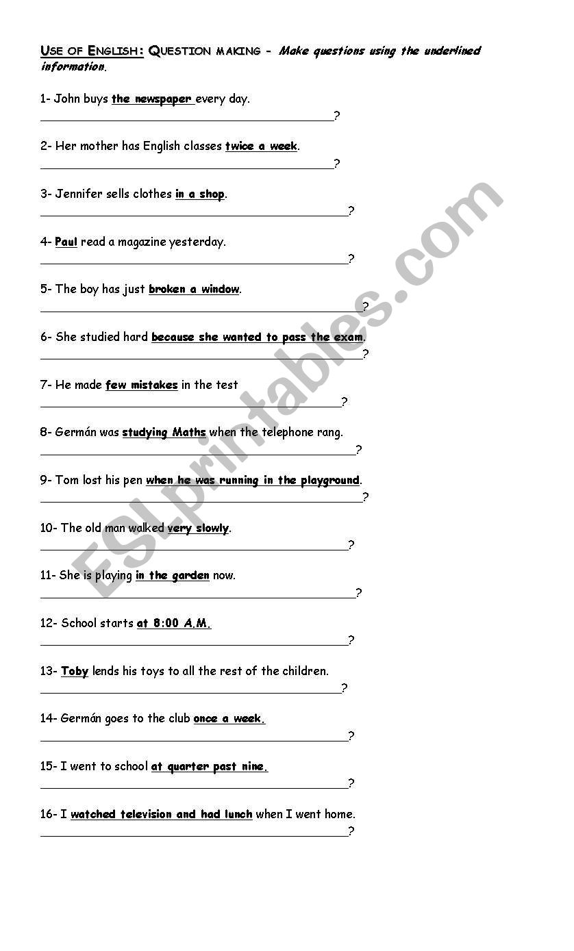 Question making worksheet