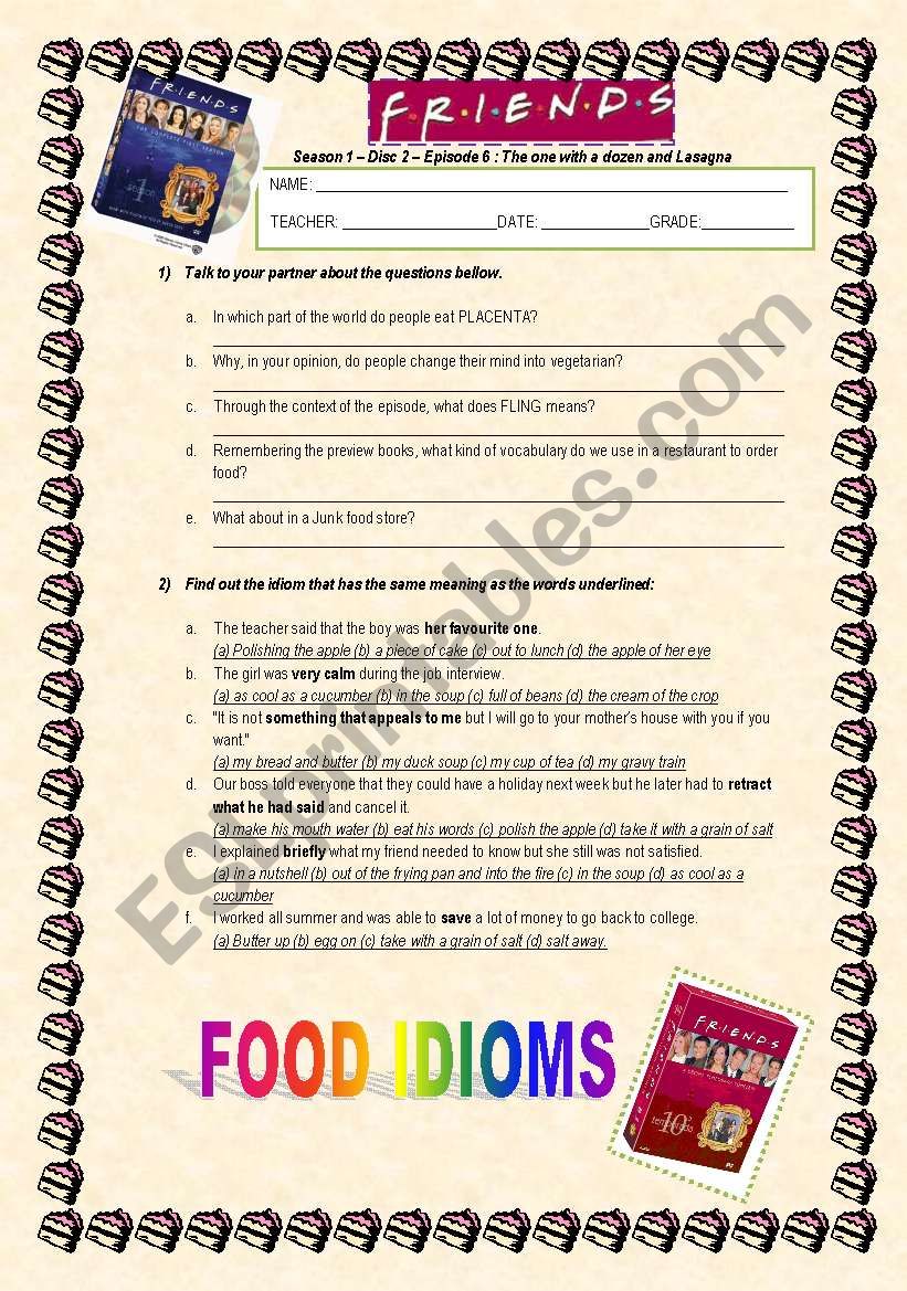 FRIENDS - Season 1 – Disc 2 – Episode 6 : The one with a dozen and Lasagna (FOOD IDIOMS)