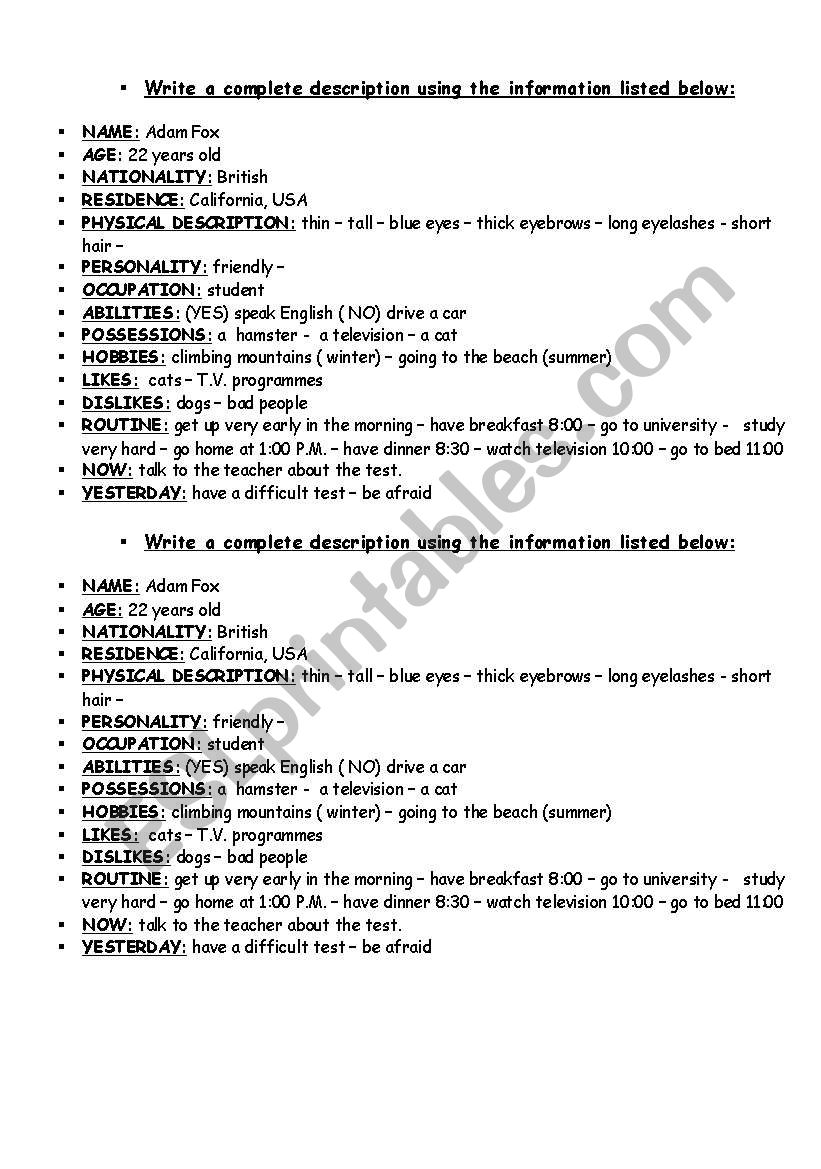 Info to write descritions worksheet