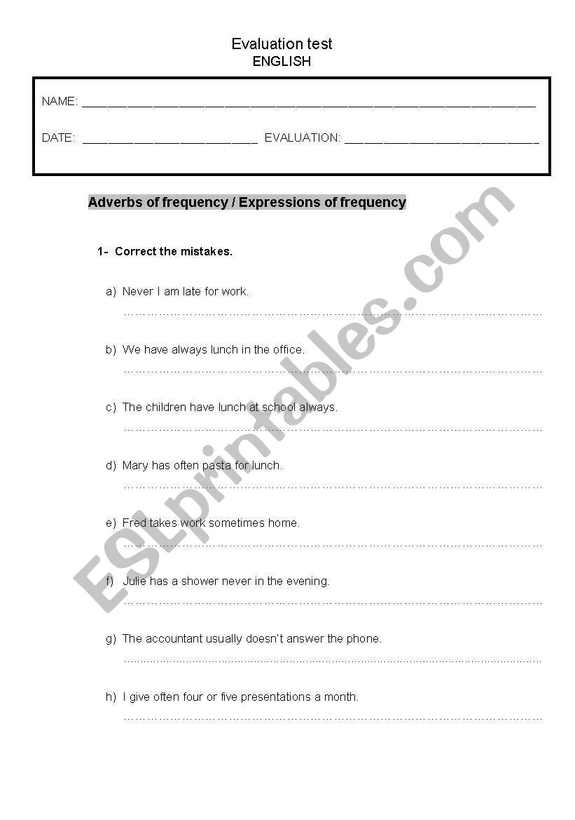 Frequency adverbs - Test + Key