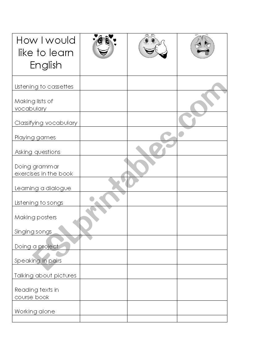 how I would like to learn worksheet