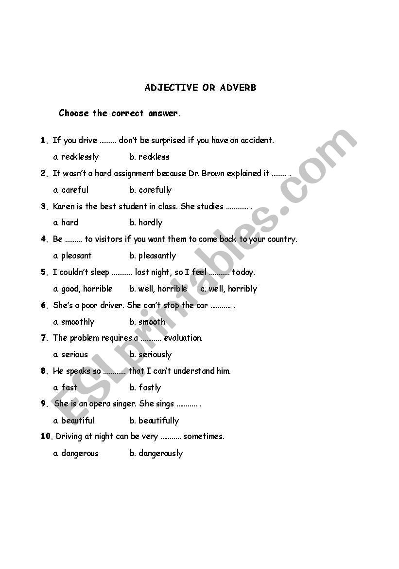 adjective - adverb worksheet