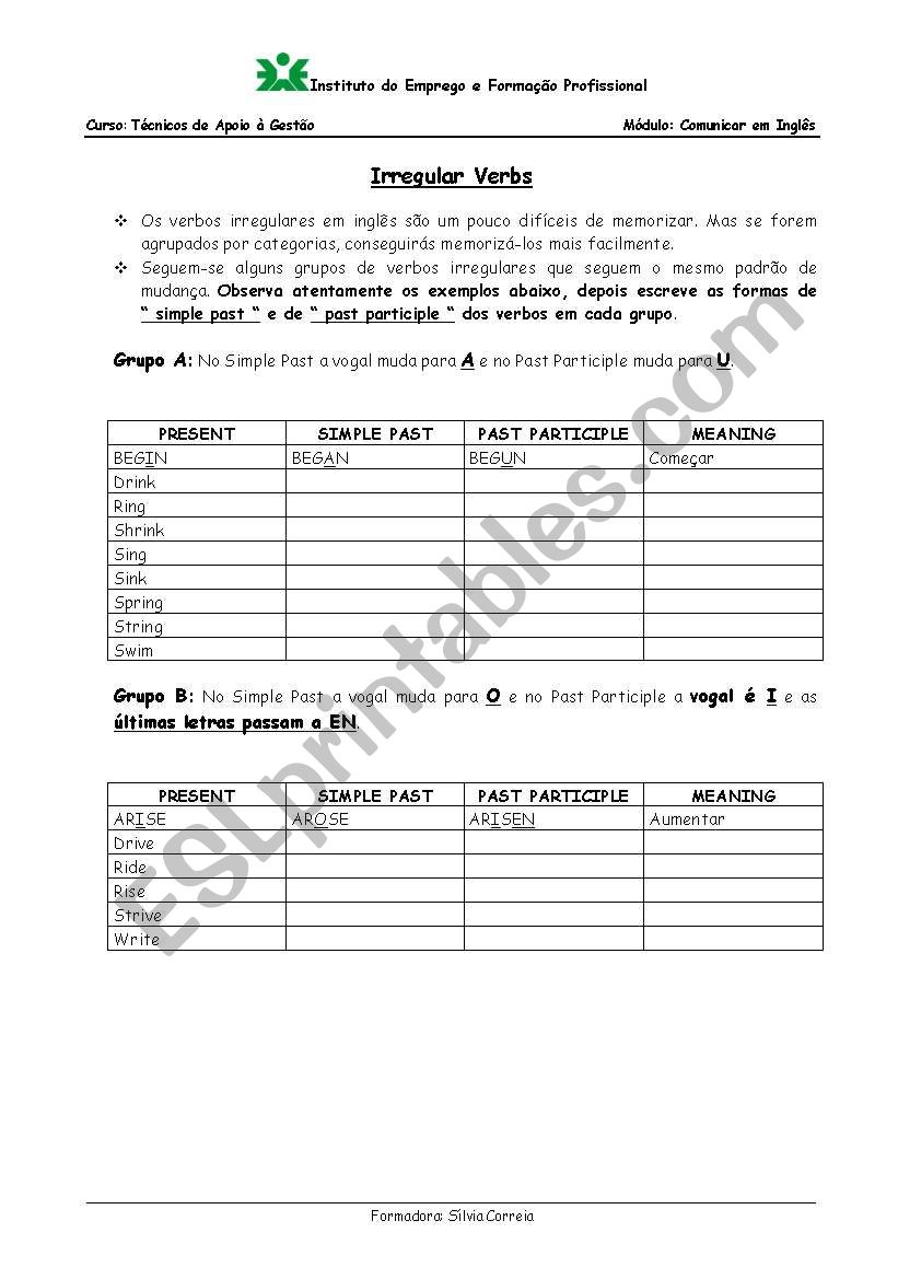 Irregular Verbs worksheet