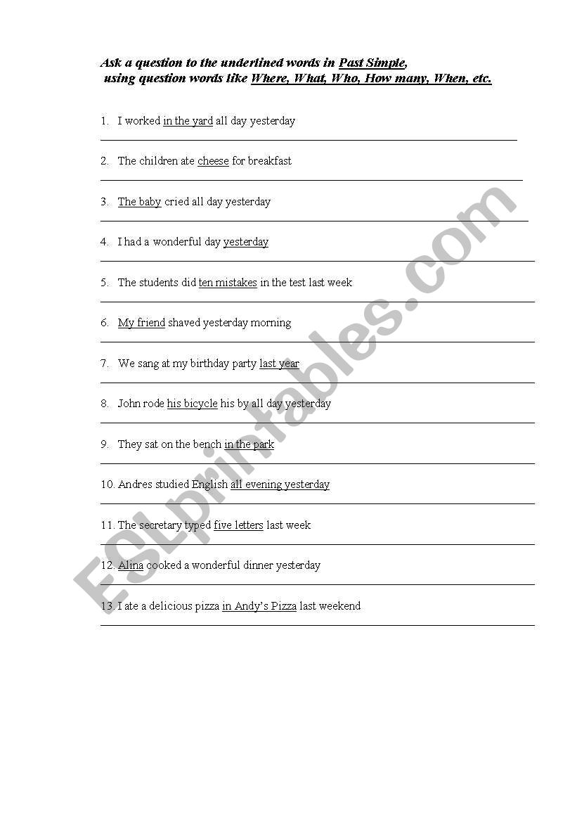 past simpe exercise worksheet
