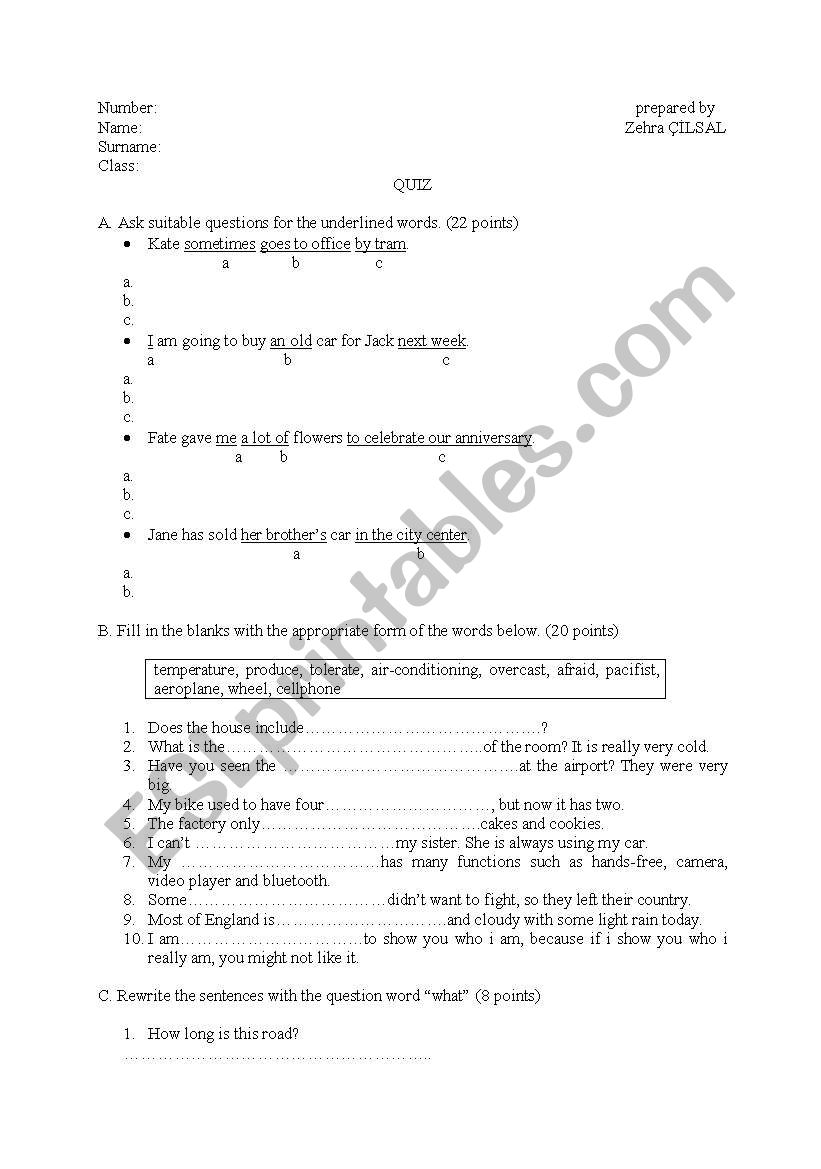 Vocabulary Quiz worksheet