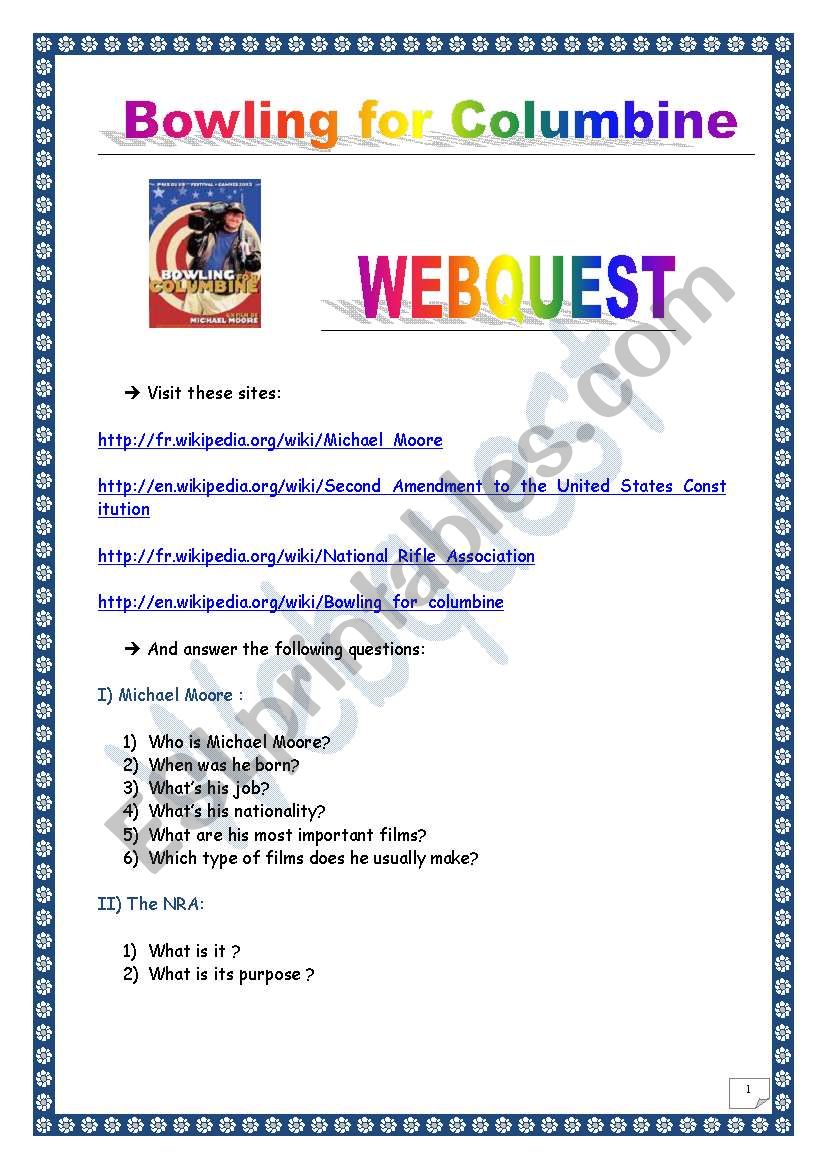 Bowling for Columbine  WEBQUEST (5 pages, comprehensive project & KEY)