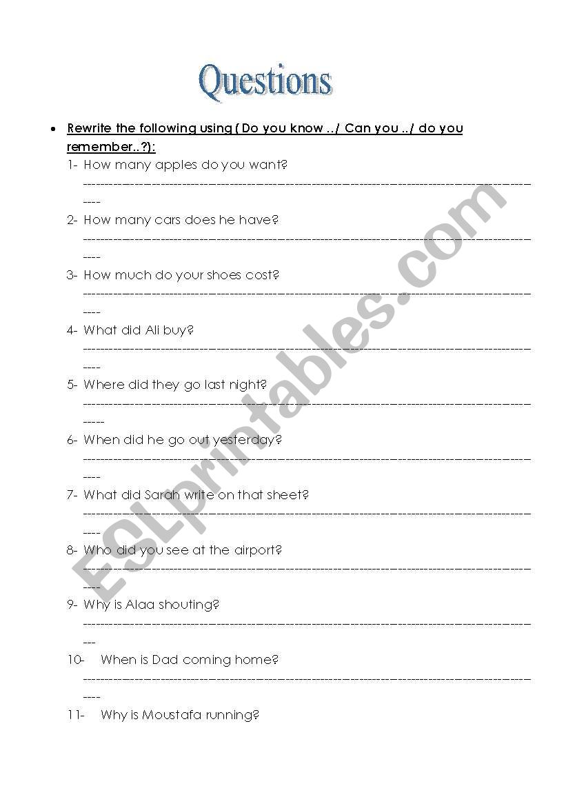forming indirec questions worksheet