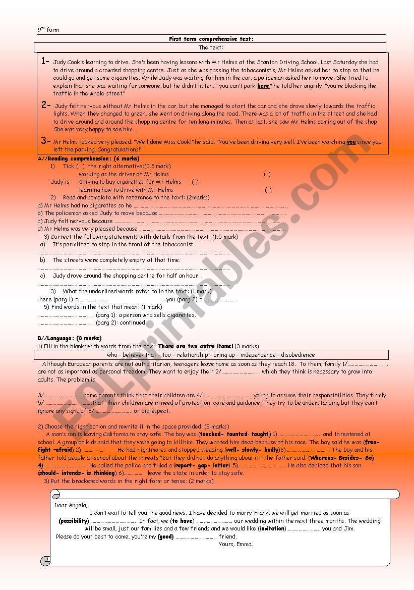 TEST FOR 9TH FORM  worksheet