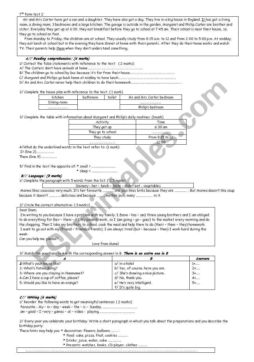 test for 7th form worksheet