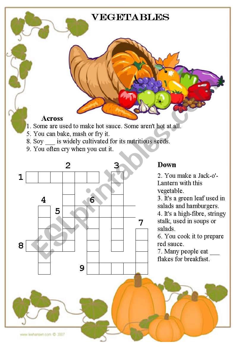 Vegetable crossword worksheet