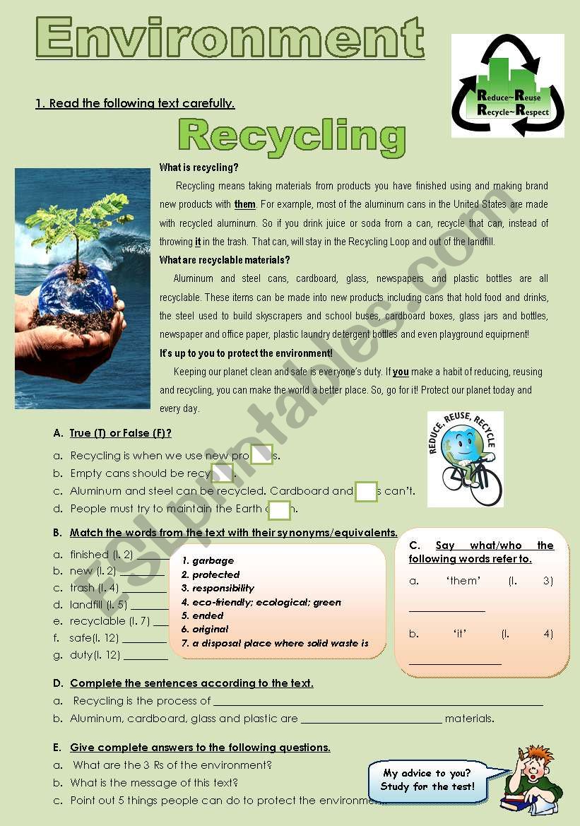 ENVIRONMENT - RECYCLING worksheet