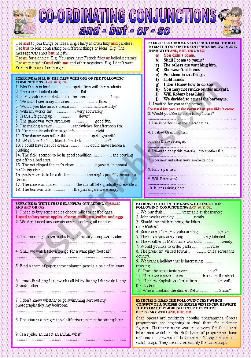 “CONJUNCTIONS” - AND - BUT - OR - SO - (( definitions & 5 Exercises with over 50 sentences to complete )) - elementary/intermediate - (( B&W VERSION INCLUDED ))