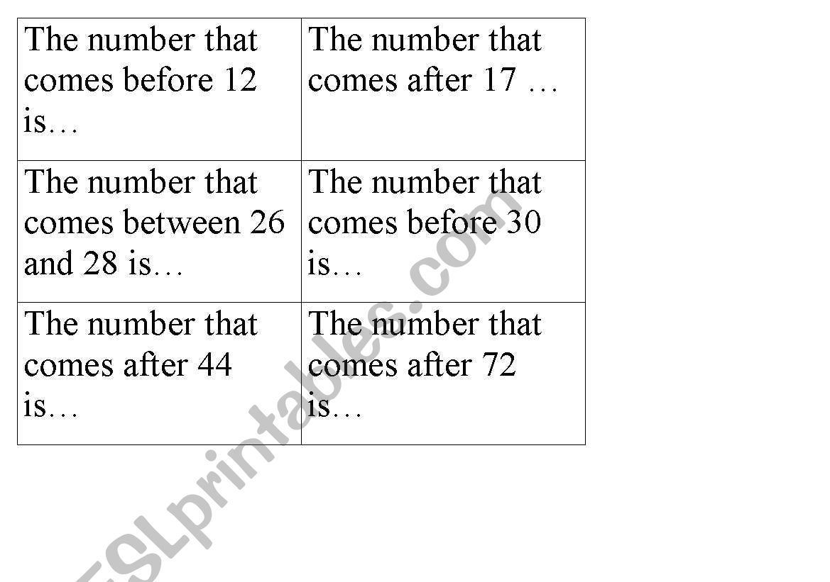 Before, After and Between Cards for Bingo