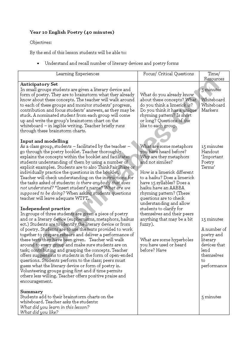 Year 10 poetry worksheet
