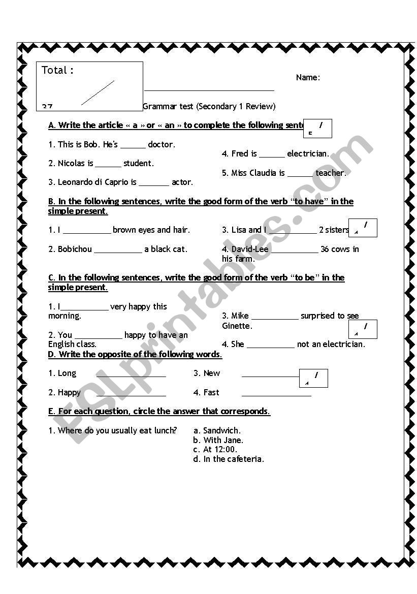 Grammar review worksheet