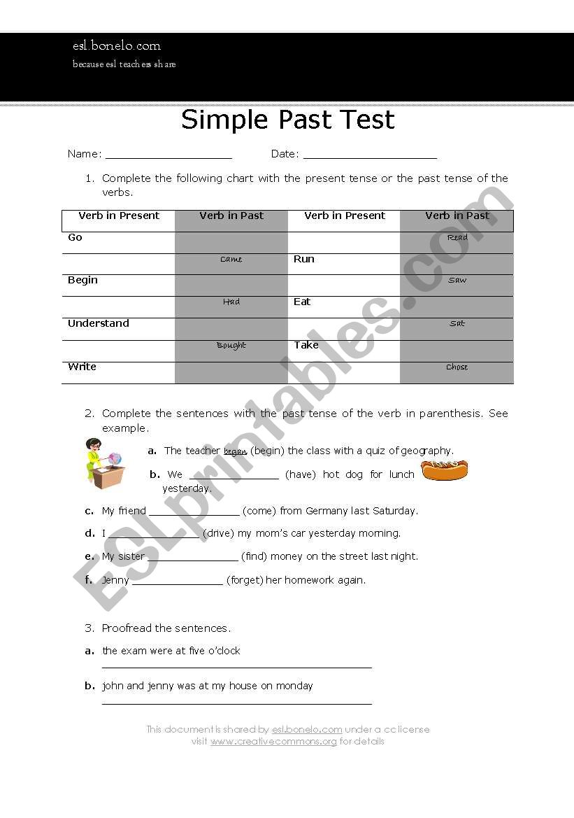 Simple past test worksheet