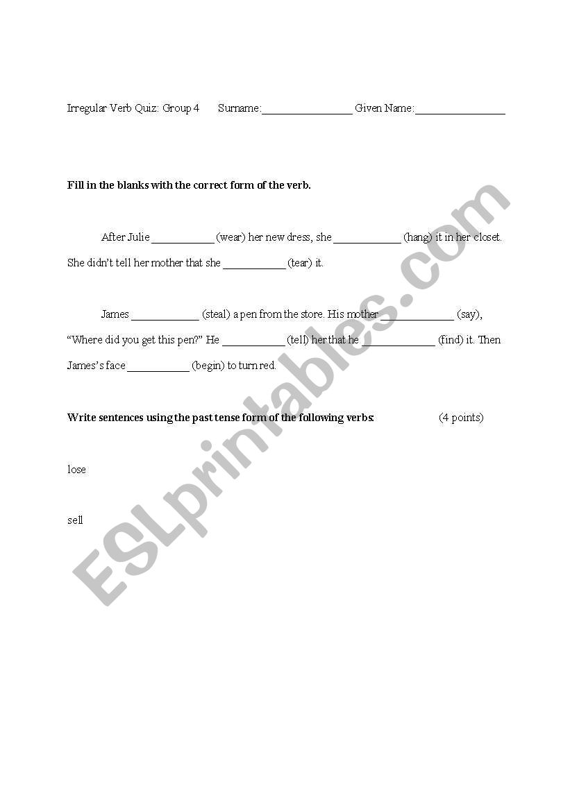 Irregular Verb Worksheet / Quiz