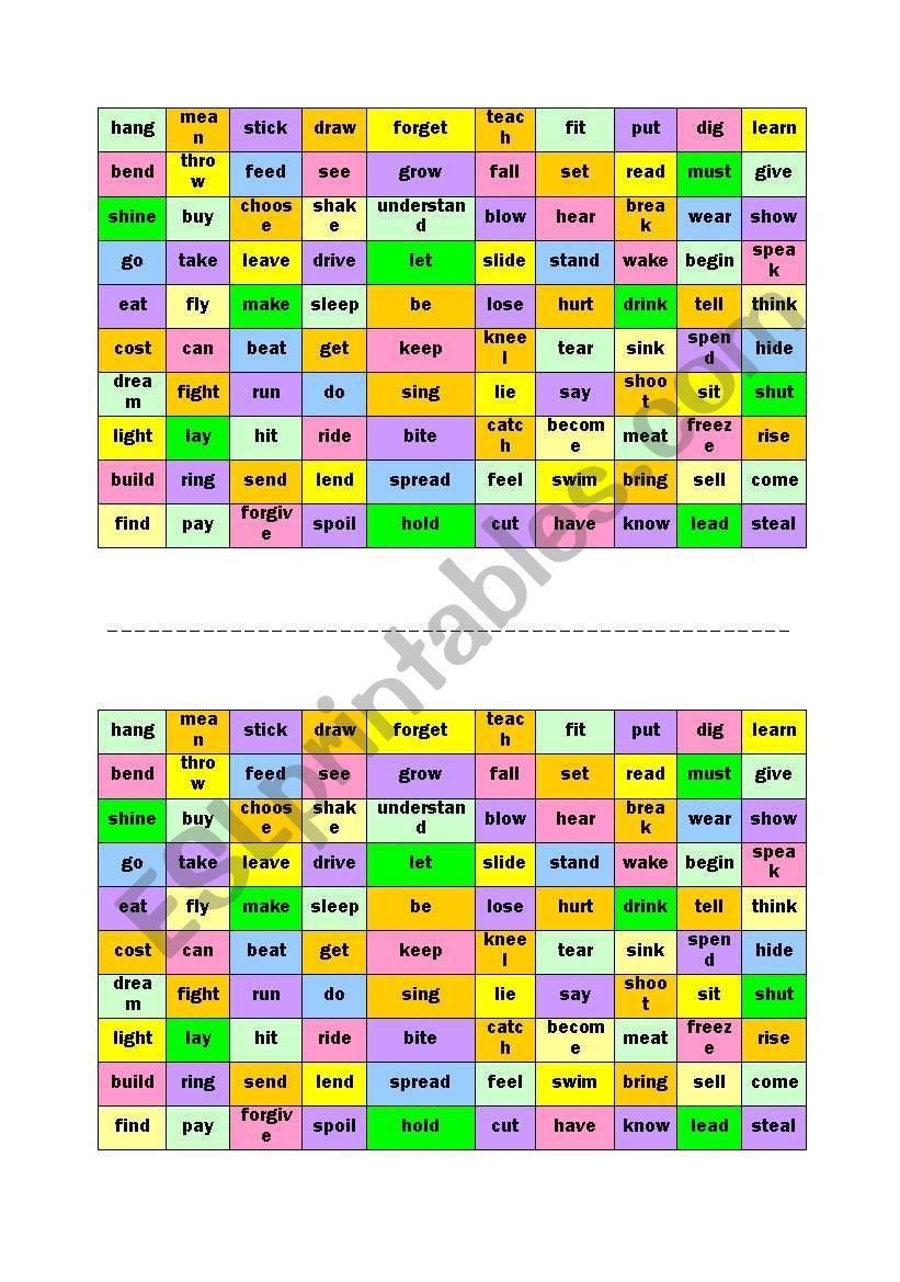Irregular Past Tense Noughs and Crosses Board
