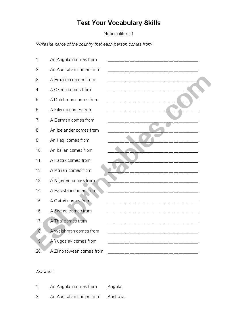 Nationalites worksheet