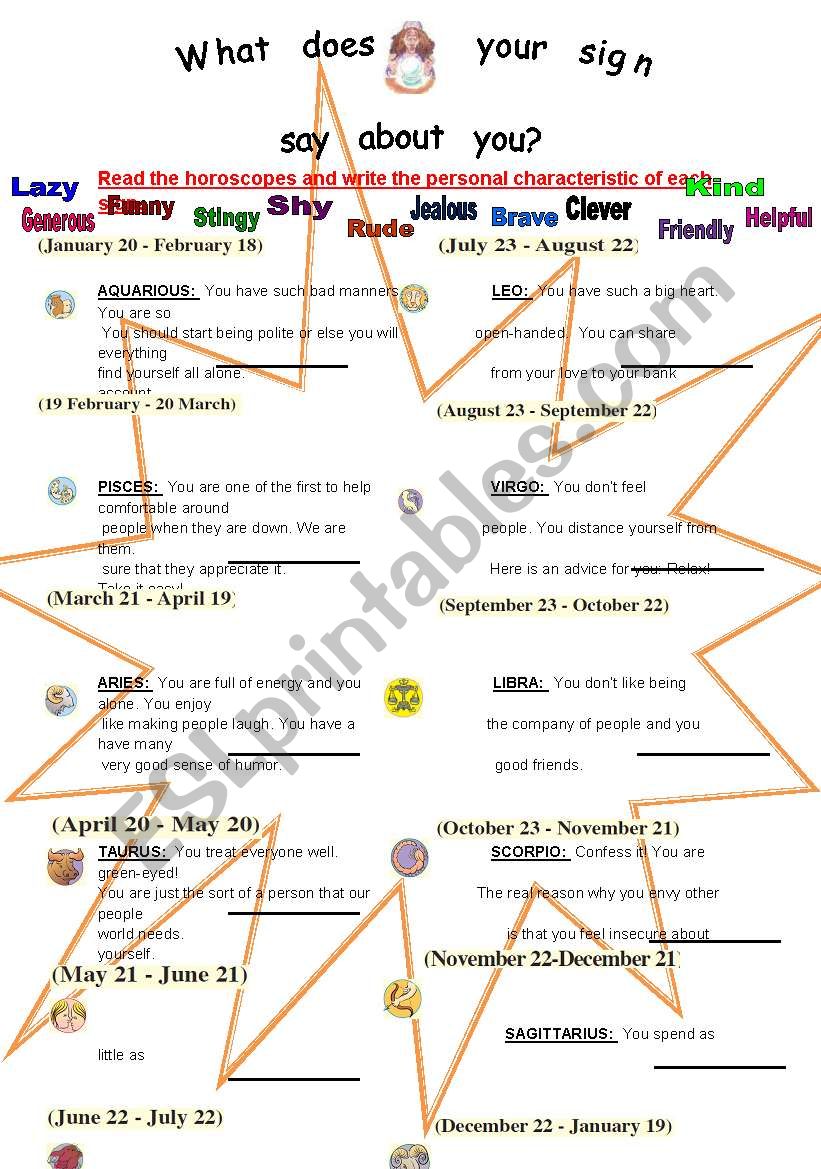 Horoscopes (1st part) worksheet