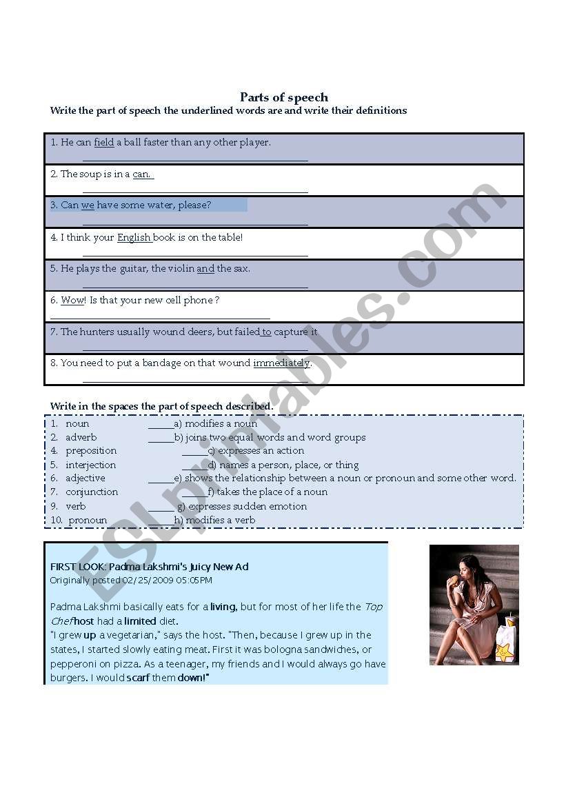 Parts of speech worksheet