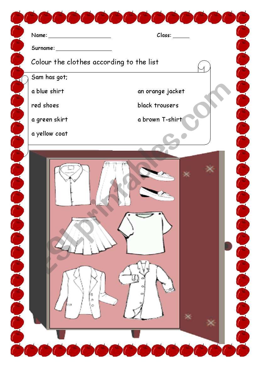 Sams Wardrobe worksheet