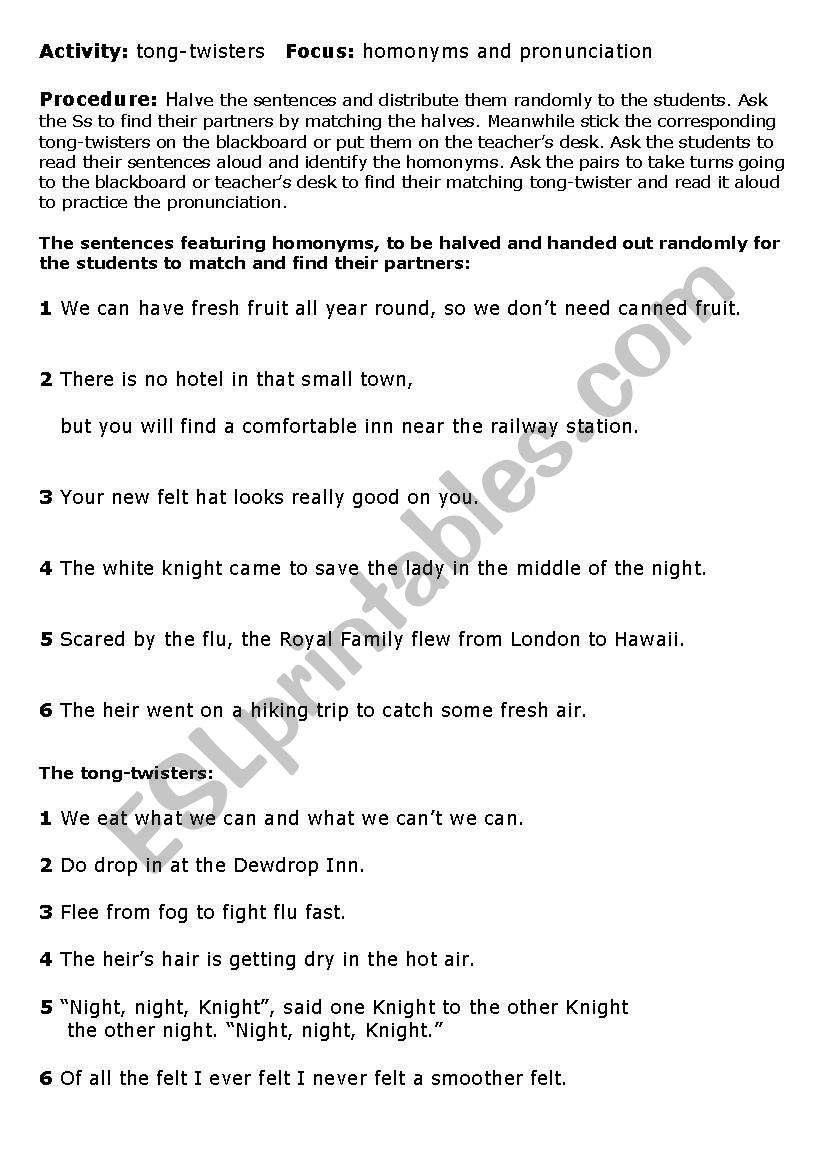 Tongue twisters worksheet