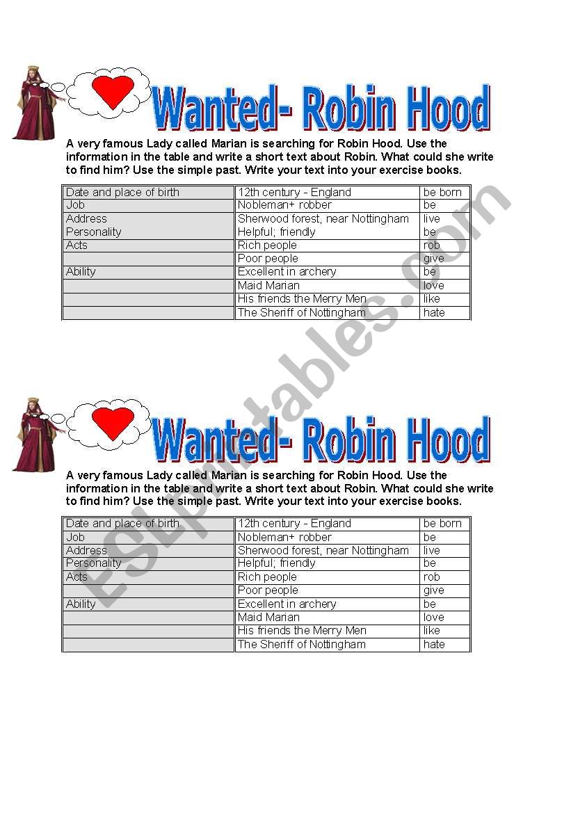 Wanted- Robin Hood worksheet