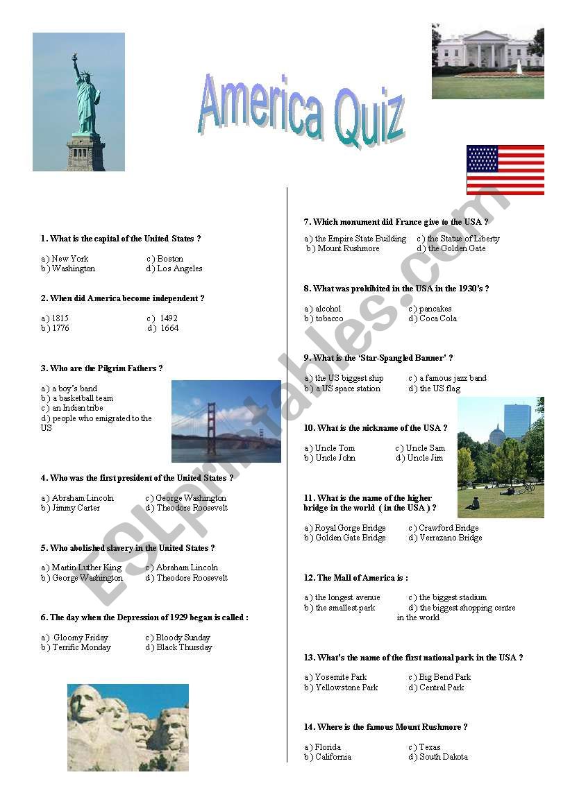 America quizz worksheet